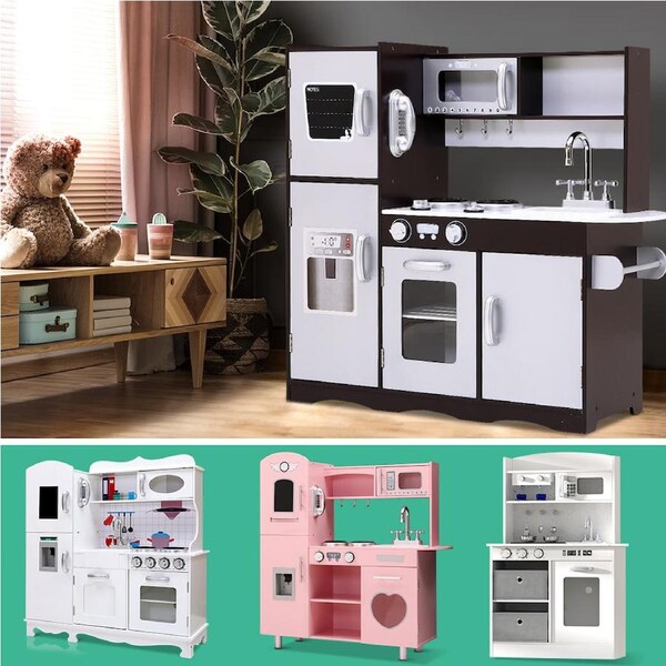 1x Keezi Kids Kitchen Pretend Play Sets Wooden Toys Children Utensils Cooking Set Black & White / 86 x 80 x 30 cm