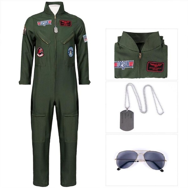 Top Gun Costume Flight Uniform Aviator Fighter Pilot Jumpsuit 80s Fancy Dress S