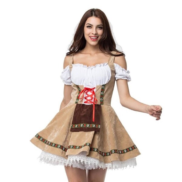 Ladies Tan Dirndl Dress Oktoberfest Beer Girl Costume S