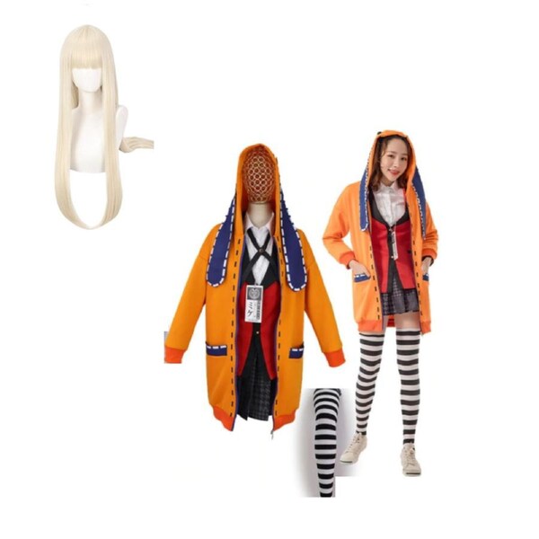 Adults Kakegurui Runa Yomozuki Full Set Costume Anime Cosplay Wig Jacket School Uniform M