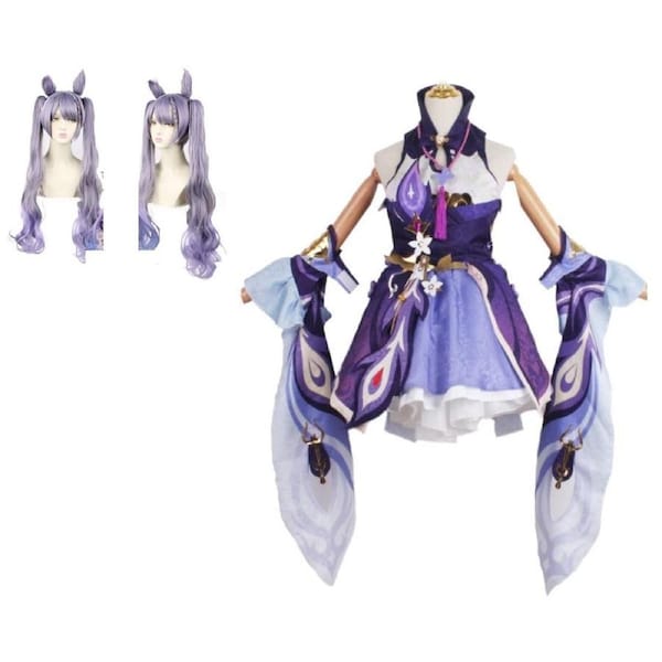 Genshin Impact Keqing Costume & Wig Gaming Anime Cosplay Comicon Outfit S
