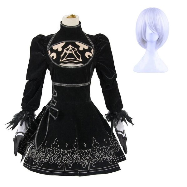 NieR:Automata 2B Uniform Black Dress & Wig Cosplay Costume Gloves Eyepatch XL
