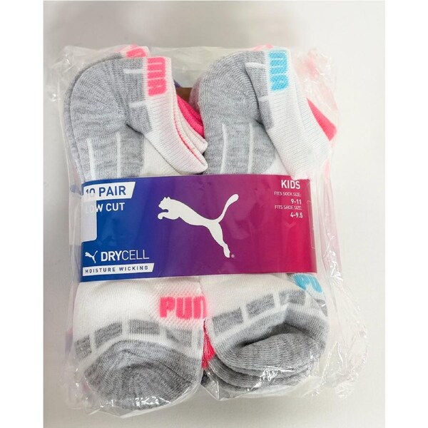 Puma Kids DryCell Low Cut Socks 10 Pack – White/Grey/Multi US 9-11