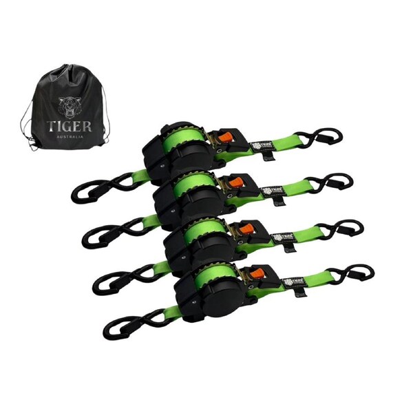 Tiger Australia 25mm × 4.5m New Auto Slow-Retracting Design Ratchet Straps 4-Pack Green
