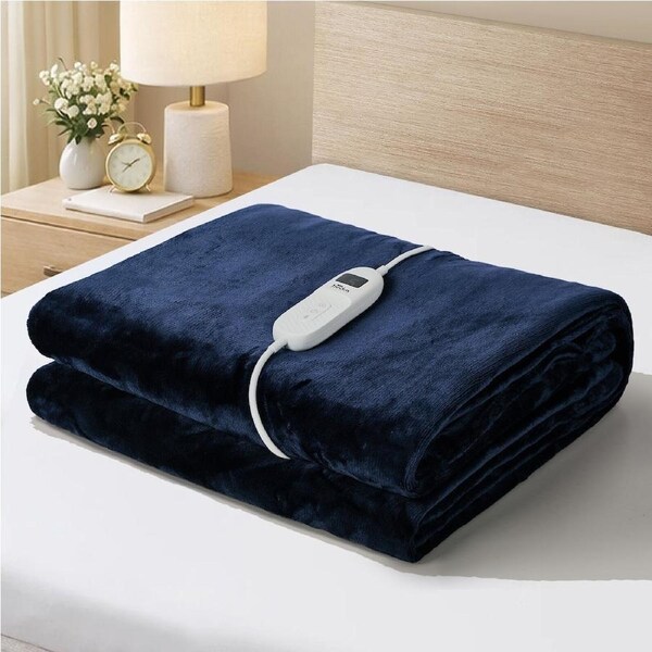 Bedra Electric Throw Rug Dual Side Heated Blanket Flannel&Sherpa Square Pattern Blue-Flannel