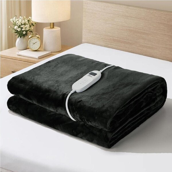 Bedra Electric Throw Rug Dual Side Heated Blanket Flannel&Sherpa Square Pattern Charcoal-Flannel
