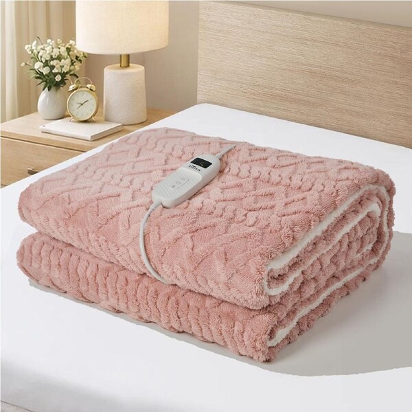 Bedra Electric Throw Rug Dual Side Heated Blanket Flannel&Sherpa Square Pattern Pink-Flannel&Sherpa(240g)