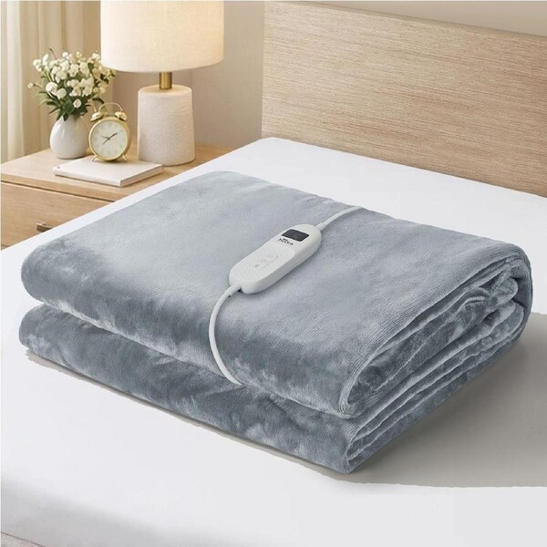 Bedra Electric Throw Rug Dual Side Heated Blanket Flannel&Sherpa Square Pattern Light Grey-Flannel