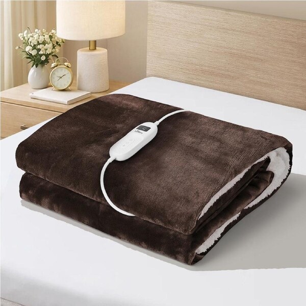 Bedra Electric Throw Rug Dual Side Heated Blanket Flannel&Sherpa Square Pattern Brown+White-Flannel&Sherpa