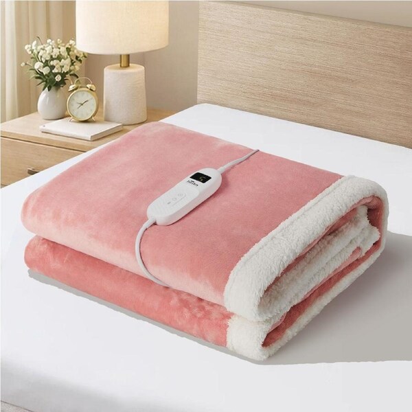 Bedra Electric Throw Rug Dual Side Heated Blanket Flannel&Sherpa Square Pattern Pink-Flannel&Sherpa