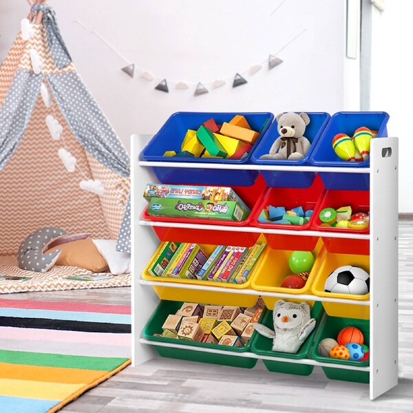 Keezi Kids Toy Organiser 12 Bins Bookshelf Storage Box Children Drawer Rack White