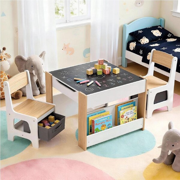 Keezi 4-in-1 Kids Table and Chairs Set with Bookcase & Storagebox Natural