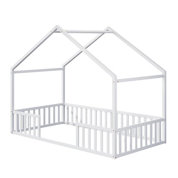 Oikiture Wooden Kids Bed Frame House Beds Natural White King Single Double King single white