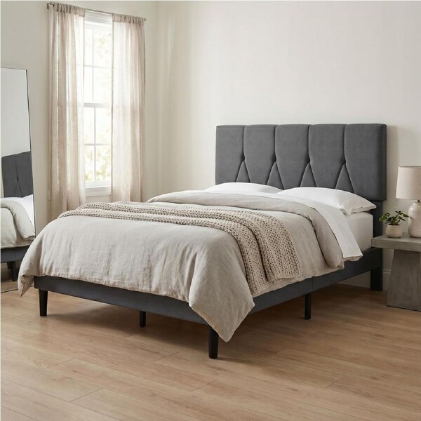 Levede Double Queen Size Bed Frame Upholstered Soft Headboard Bedroom Dark Grey Double