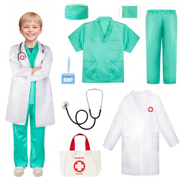 HOLALA Doctor Costume for Kids Doctor Dress Up for 3-8 Children Role Play-GreenB