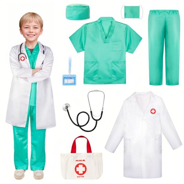 HOLALA Doctor Costume for Kids Doctor Dress Up for 3-8 Children Role Play-GreenB 130CM