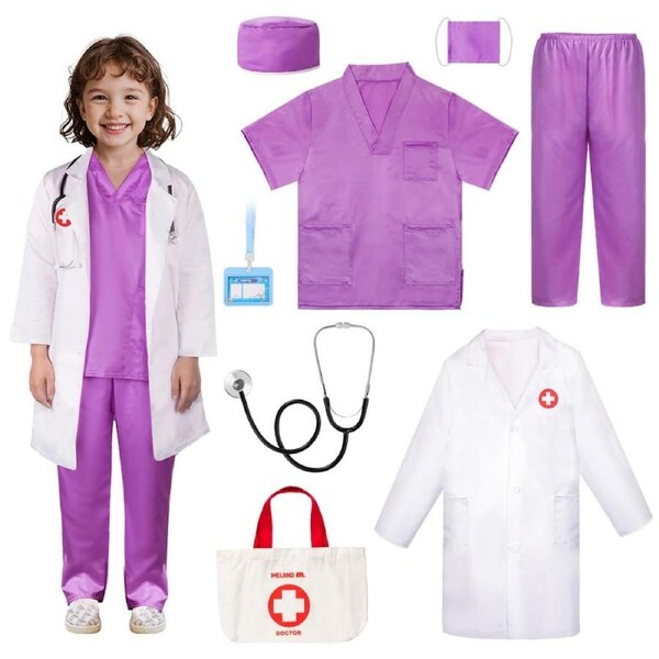 HOLALA Doctor Costume for Kids Scrubs with Lab Coat Carry Bag for Halloween Career Day Role Play-Purple 100cm