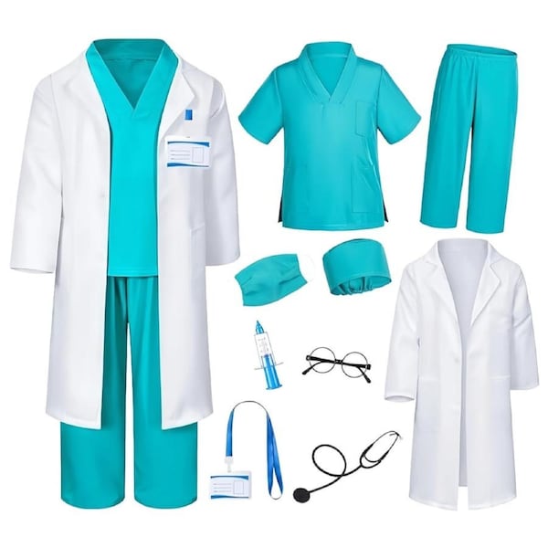 HOLALA Doctor Costume for Kids Scrubs with Lab Coat for Halloween Career Day Role Play-Green 130cm