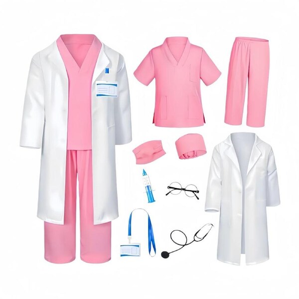 HOLALA Doctor Costume for Kids Scrubs with Lab Coat for Halloween Career Day Role Play-Pink 160cm