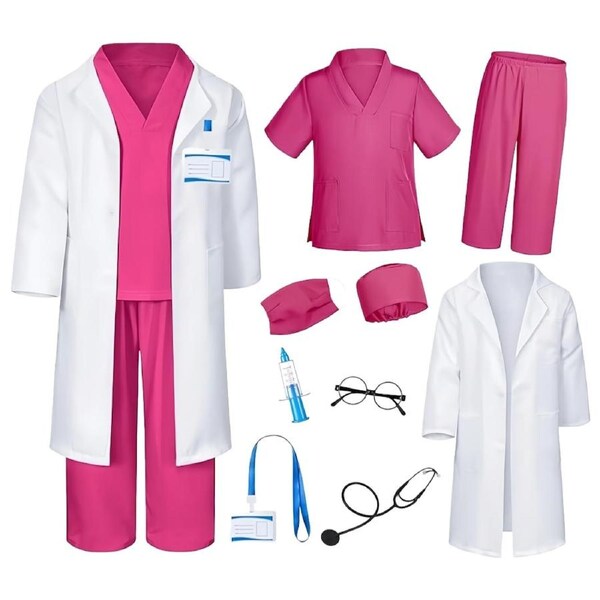 HOLALA Doctor Costume for Kids Scrubs with Lab Coat for Halloween Career Day Role Play-RoseRed 130cm
