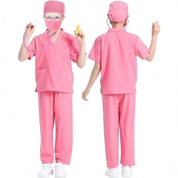 HOLALA Doctor Costume for Kids Scrubs with Accessories Pretend Play Dress Up Set for Career Day-Pink 150cm