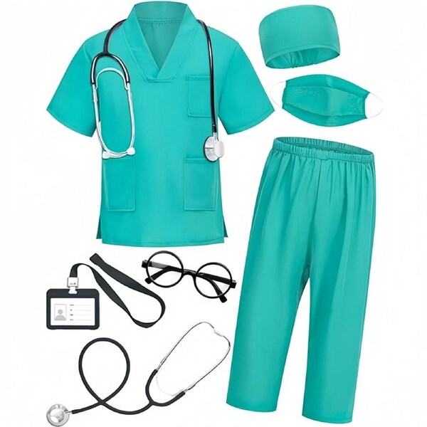 HOLALA Doctor Costume for Kids Scrubs with Accessories Pretend Play Dress Up Set for Career Day-Green 100cm