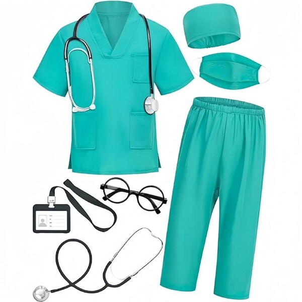 HOLALA Doctor Costume for Kids Scrubs with Accessories Pretend Play Dress Up Set for Career Day-Green 130cm