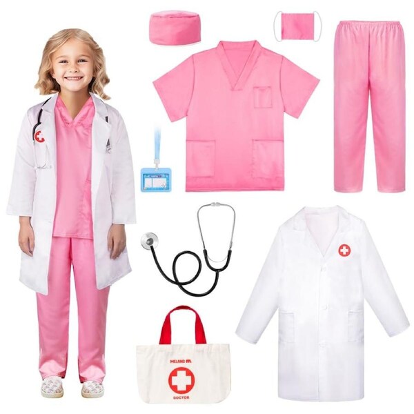 HOLALA Doctor Costume for Kids Scrubs with Lab Coat Carry Bag for Halloween Career Day Role Play-Pink 130cm