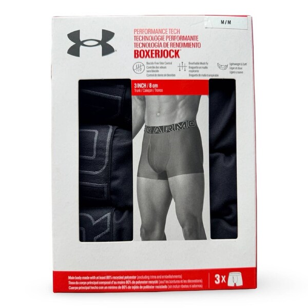 Under Armour Mens UA Performance Tech 6 inch 3 Pack Boxer Jocks Underwear - Black/Grey 2XL