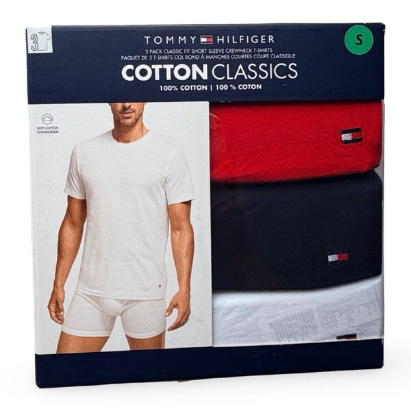 Tommy Hilfiger Men's Cotton Classics Crew Neck T-Shirt 3 Pack - Black/Red/White S