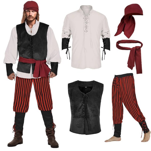 Mens Pirate of the Caribbean Costume 5 Pcs Medieval Renaissance Outfits Halloween Viking Set L
