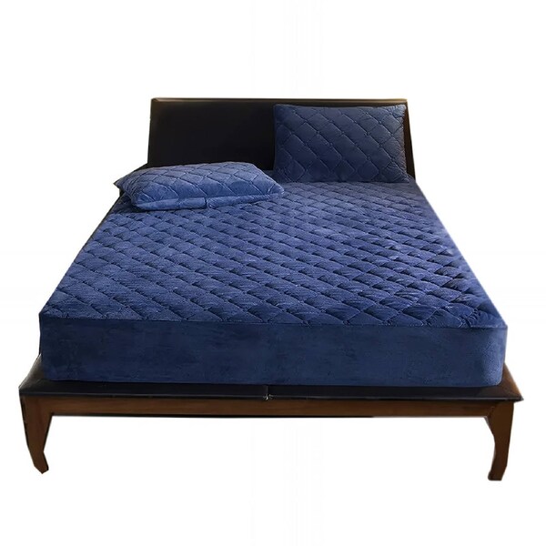 Anycozy Mattress Cover Navy Blue King Size Crystal Velvet Thicken Quilted Warm Soft Plush Bed Sheet King