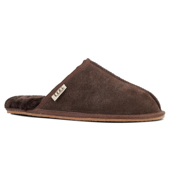 GROSBY Buck UGG Mens Sheepskin Slippers Scuff Slip On Leather Moccasins in Chocolate UK 8