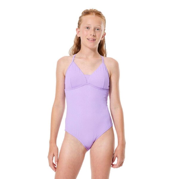 Decathlon Girls’ Surfing Lurex 1 Piece Swimsuit With Crossed Straps, Caly Zuma Purple 10-11 Years / 141-148 cm / Purple