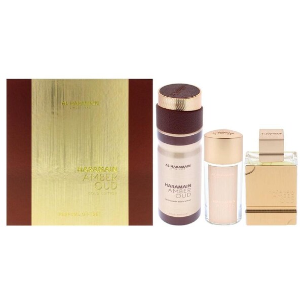 Al Haramain Amber Oud - Gold Edition by Al Haramain for Unisex - 3 Pc Gift Set 2.5oz EDP Spray, 1oz EDP Spray, 6.6oz Body Spray 3 Pc Gift Set
