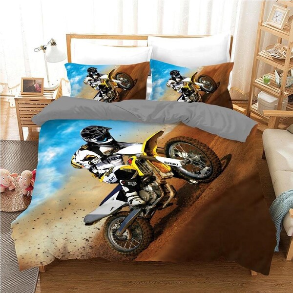 Yellow Dirt Bike Motorcycle Racing Quilt Doona Duvet Cover Pillow Case Set King, 2 Pillow Cases