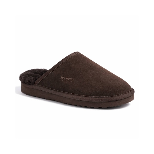 AUS WOOLI UGG Unisex Manly Sheepskin Wool Slippers In Chocolate AU WOMEN 10/AU MEN 8