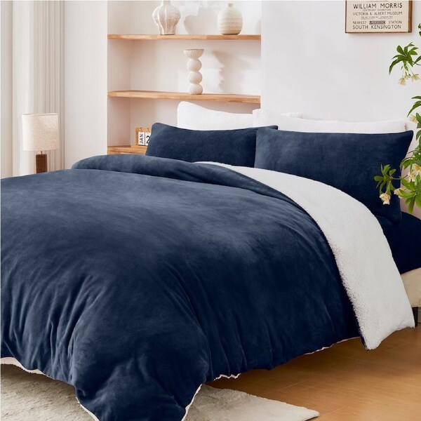 LINENOVA Luxurious Warm Teddy Fleece Sherpa Quilt Cover Duvet Cover Pillowcases Set,Fluffy,Comfort For Cold Winter Night Queen / Navy