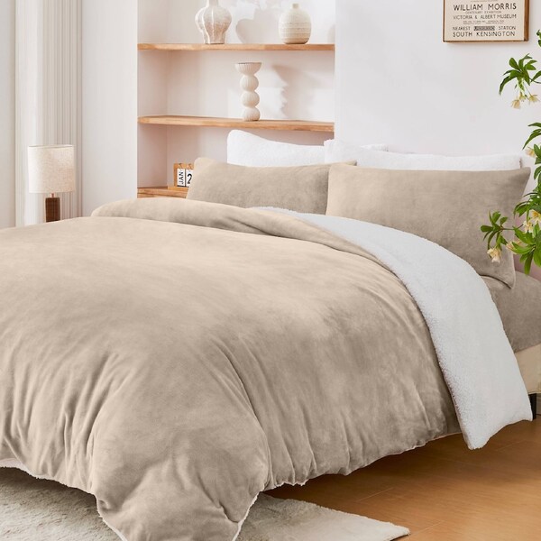 LINENOVA Luxurious Warm Teddy Fleece Sherpa Quilt Cover Duvet Cover Pillowcases Set,Fluffy,Comfort For Cold Winter Night Queen / Warm Sand