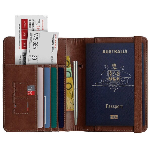 Slim Leather Travel Passport Pen Wallet Holder RFID Blocking ID Card Case Cover Brown