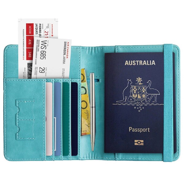 Slim Leather Travel Passport Pen Wallet Holder RFID Blocking ID Card Case Cover Blue