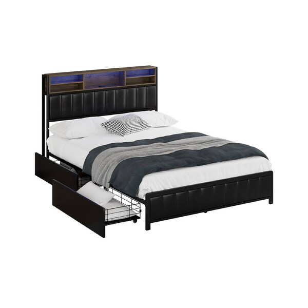 Oikiture Queen Double King Single Bed Frame with LED Headboard 2 Drawers USB Double