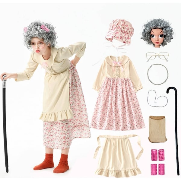 Girls Beige Old Lady Granny Costume Floral Dress 100 Days Of School Costume 110 / Dress+Accessory Set