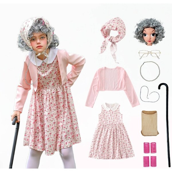 Girls Pink Old Lady Granny Costume Floral Dress 100 Days Of School Costume 110 / Dress+Accessory Set