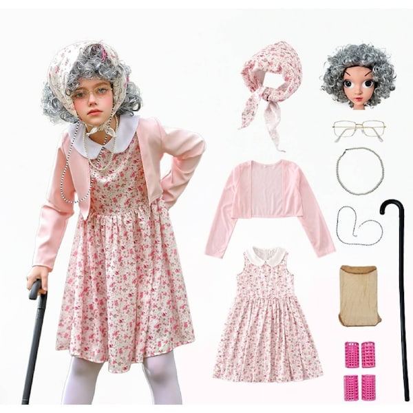 Girls Pink Old Lady Granny Costume Floral Dress 100 Days Of School Costume 110 / Dress Set