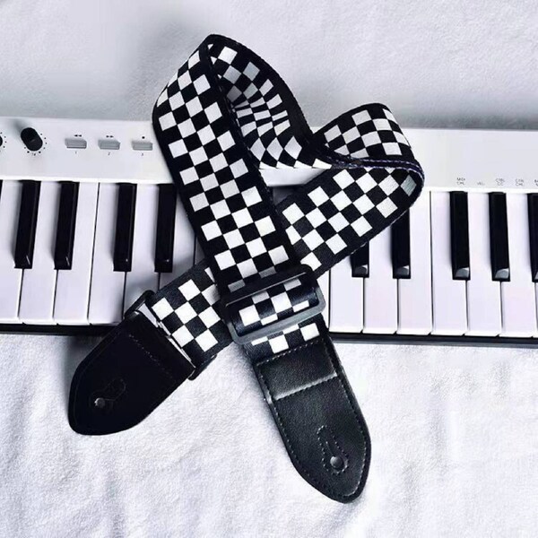 Electric Guitar Strap Adjustable Leather Belt Acoustic Electric Bass AU Black and white grid