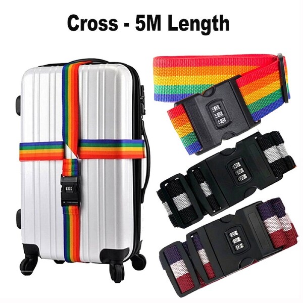 2/5M Luggage Strap Code Password Travel Suitcase Secure Lock Safe Nylon Packing Belt Cross-5m / Red+White+Navy