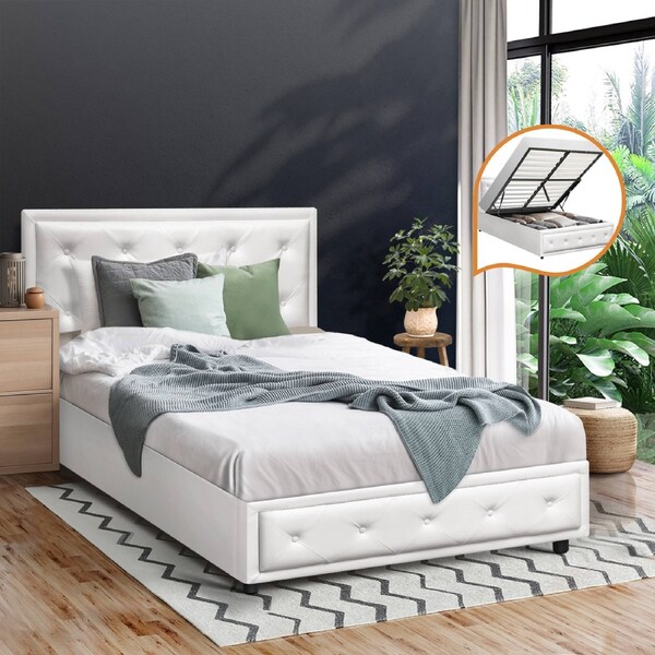 Oikiture Bed Frame Queen Double King Single Size Gas Lift Base White / King Single