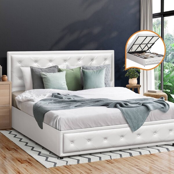 Oikiture Bed Frame Queen Double King Single Size Gas Lift Base White / King