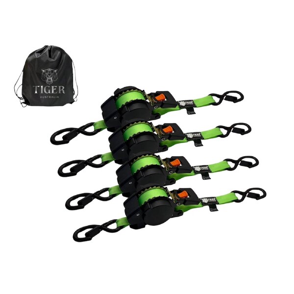 Tiger Australia 25mm x 4.5m New Auto Slow-Retracting Design Ratchet Straps 4-Pack Green